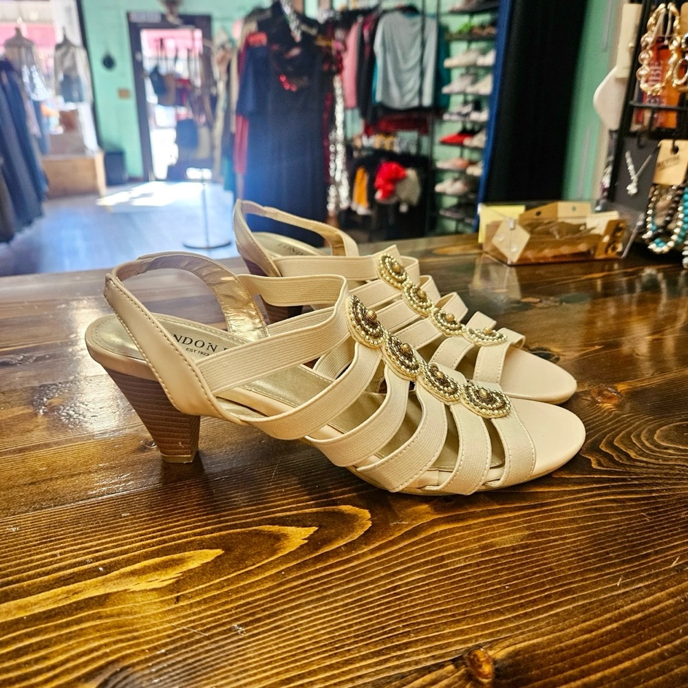 London Fog Cream Strappy Heeled Sandals with Beaded Accents